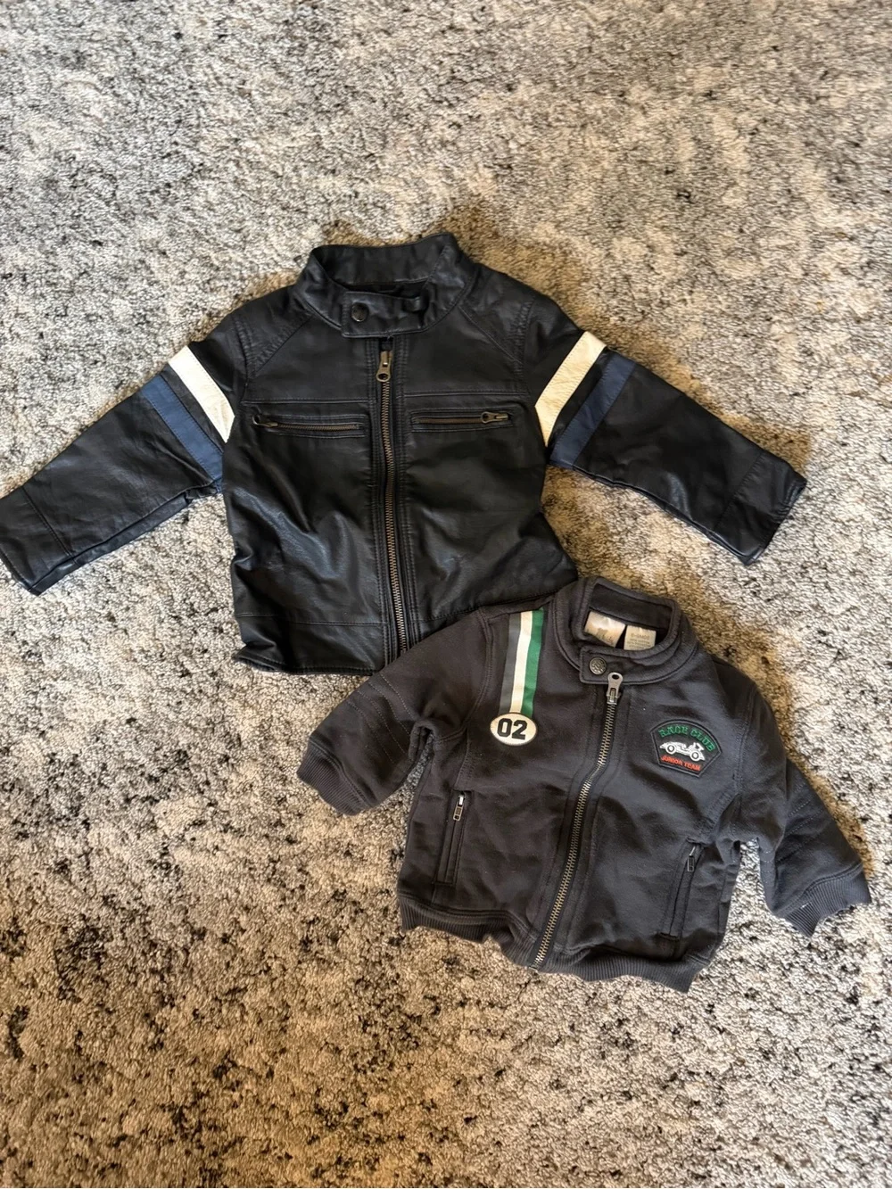 GAP Black Kids Faux Leather Jacket with White & Blue Sleeve Stripes